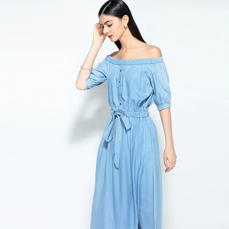 2023 new summer casual slim dress women elegant slash neck half sleeve denim dresses vestidos de verano women clothes 2019