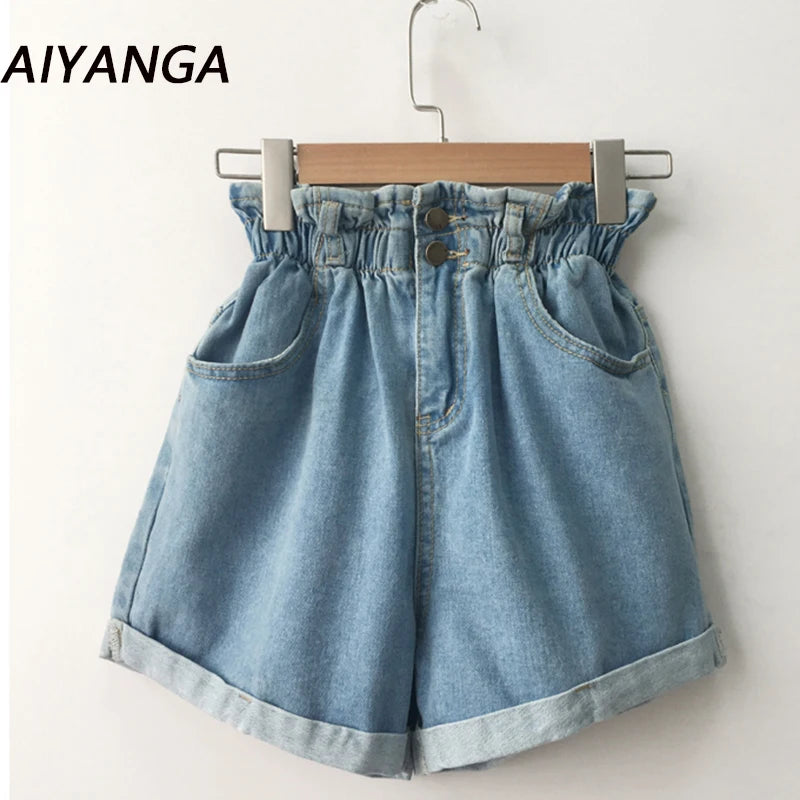 2023 Summer High Waist Denim Shorts Women Casual Loose Ladies Fashion Roll Up Hem Elastic Waist Pocket Blue White Jeans Female