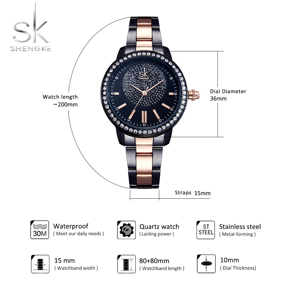 Shengke Rose Gold Relogio Feminino Japanese Quartz Watch For Women Crystal Luxury Black Women's Watch With 6 Months Warranty