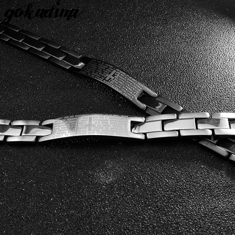 Gokadima Cross Bible Scripture Men Bracelet Stainless Steel Bracelet Black or Silver color, Jewelry pulseras Wholesale,WB104