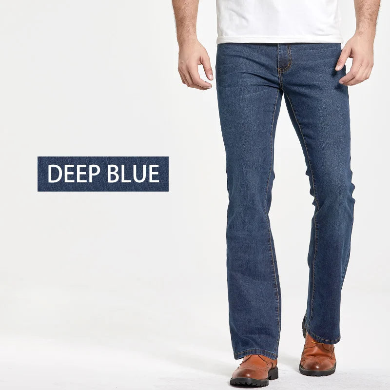 Mens Boot Cut Jeans Slightly Flared Slim Fit Blue Black Trousers Designer Classic Male Stretch Denim Pants