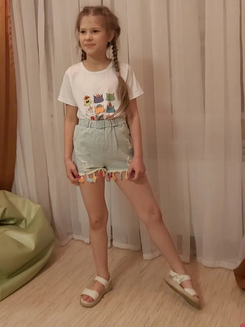 2024 Hot Summer Fashion Beauty Cute 2 3 4 5 6 8 10 12 Years Children Short Jeans Pants Tassel Hole Baby Kids Girls Denim Shorts