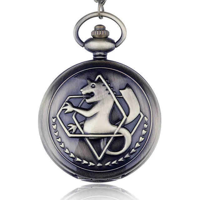 High Quality FullMetal Alchemist Edward Elric Cosplay Pocket watch Dull Polish Men's Penadnt Necklace Fob Chain