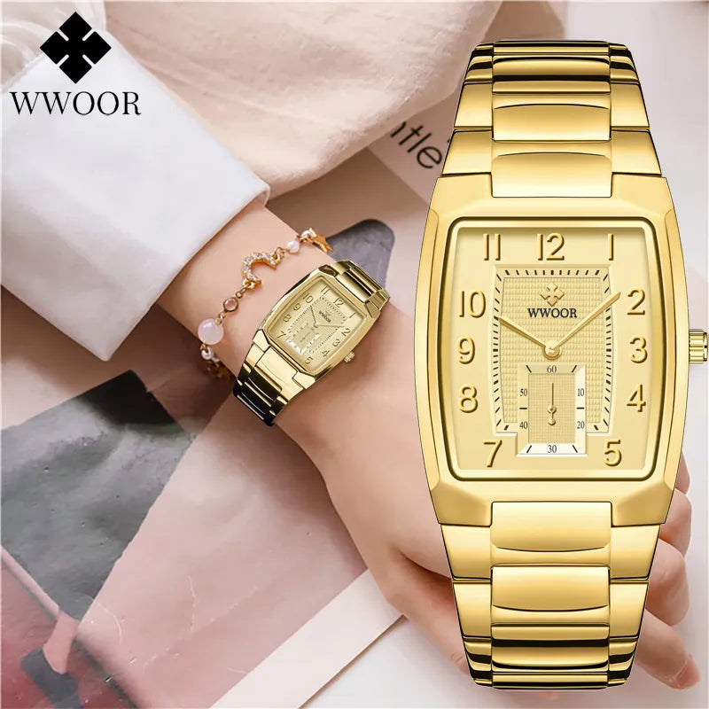 WWOOR 2023 New Gold Women Watches Creative Steel Women's Bracelet Wrist Watches Ladies Square Waterproof Female Relogio Feminino