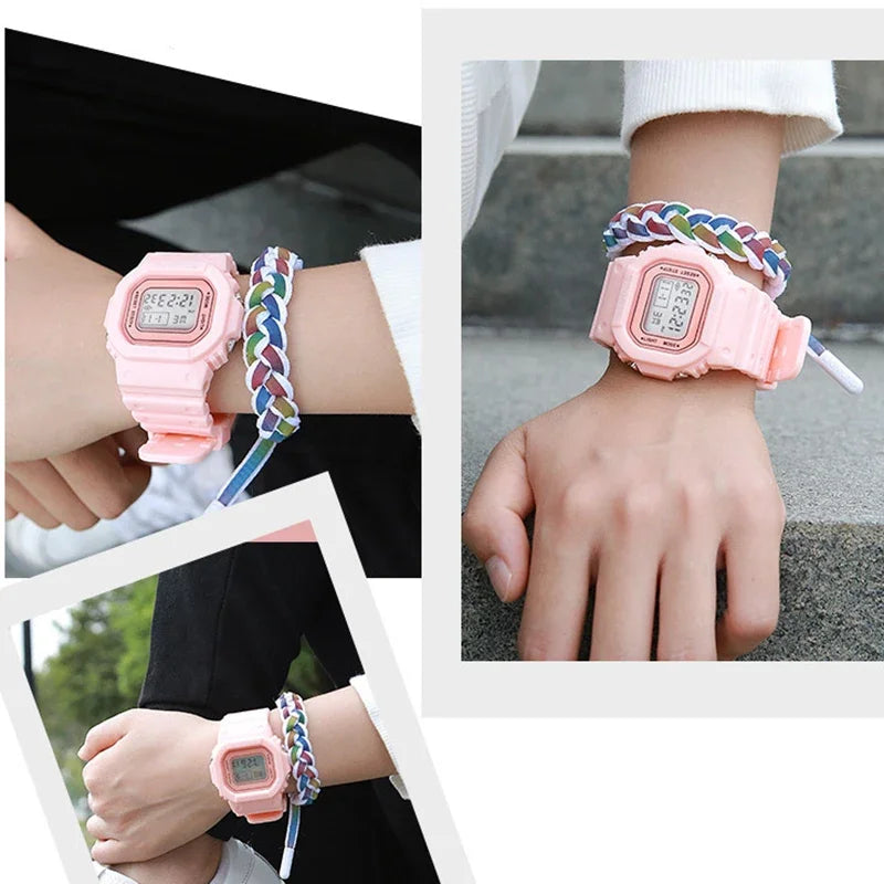 YIKAZE Boys and Girls Student Electronic Watch Macaron Color Men's and Women's Sport Alarm Clock Waterproof Square Watches Gift