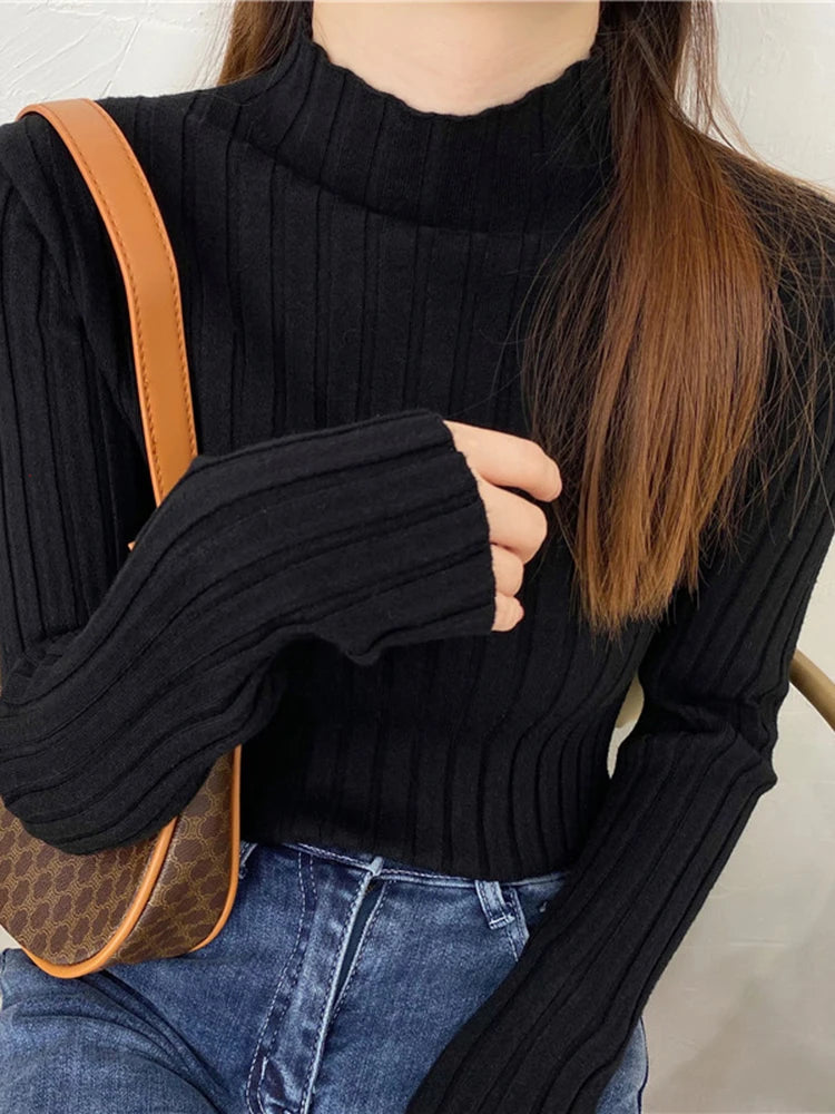 Autumn Winter Knitted Ribbed Turtleneck Sweater Women Clothes 2024 Long Sleeve Slim Basic Pullover Woman Sweaters Solid Tops