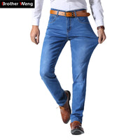 Brother Wang Classic Style Men Brand Jeans Business Casual Stretch Slim Denim Pants Light Blue Black Trousers Male