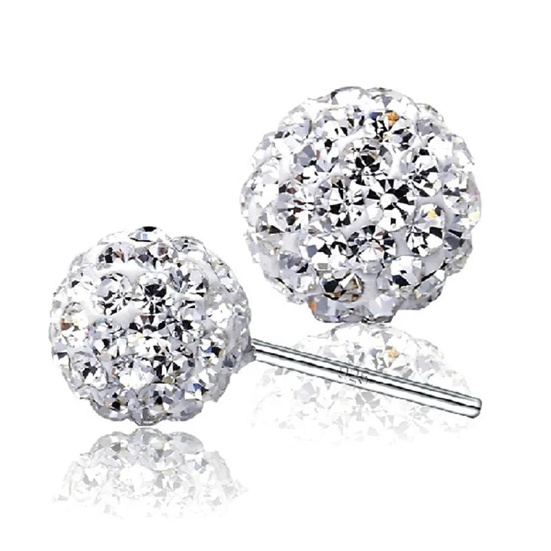 6/8/10mm White S925 Stamp Plata Color Earrings Micro Disco Balls Crystal Stud Earring Safe To Skin Women Jewelry Wholesale