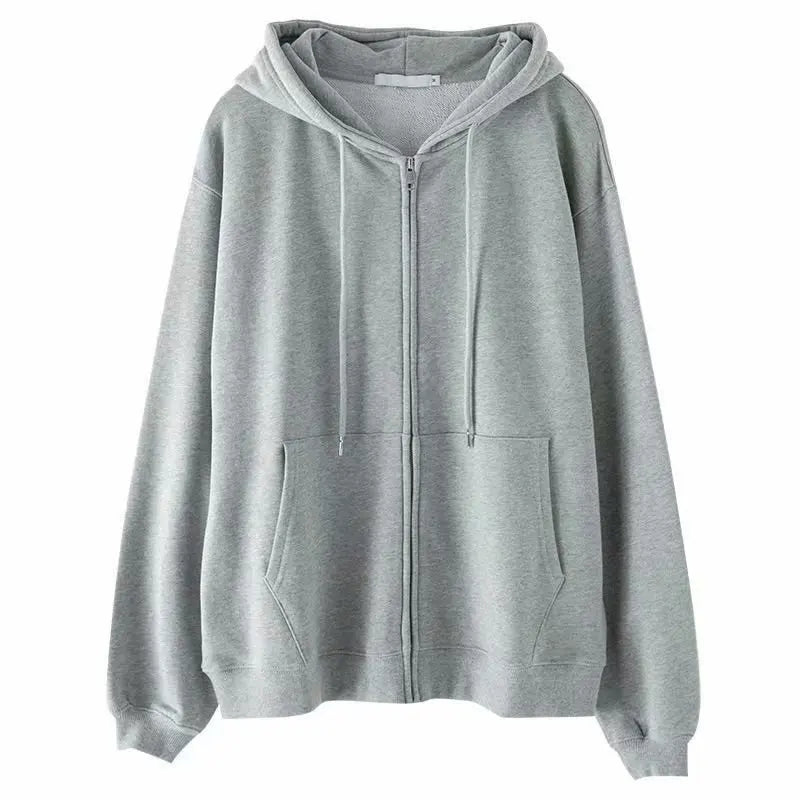 Grey Sweatshirt Hooded Casual Cotton Cardigan Sweatshirts Gray Women Clothes Solid Zipper Hoodies W/Long Sleeves