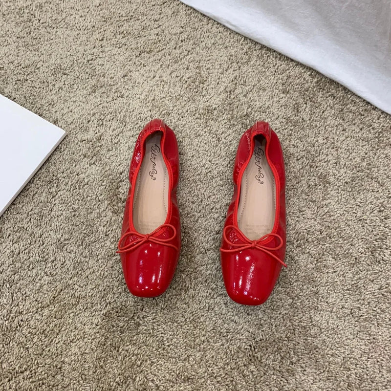 Retro Ultra-soft Women Shoe Spring Bow Red Flat Sole Single Shoe Leisure Comfortable Leather Shoe New Ballet Shoe Zapatos Mujer