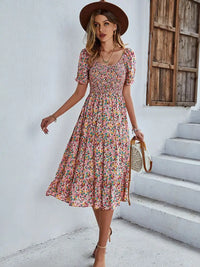 Bohemia Print Dress Women 2024 New Summer Holiday Midi Dress Casual Puff Sleeve High Waist Boho Split Dresses For Women Clothes