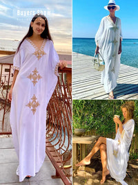 2024 Elegant Gold Embroidered Kaftan Retro V-neck White Dress Plus Size Women Clothes Summer Beach Wear Vacation Dresses Q1373