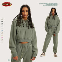 ZODF Chic Sexy Women Super-short Fleece Cropped Hoodies Girl Female Hip Hop Loose 345gsm Solid Hooded Pullover Streetwear HY0340