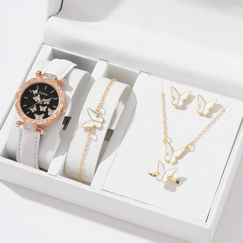 6/1pcs Set Women Watch Ring Necklace Earrings Bracelet Set Watches Butterfly Leather Strap Ladies Quartz WristWatch (No Box)