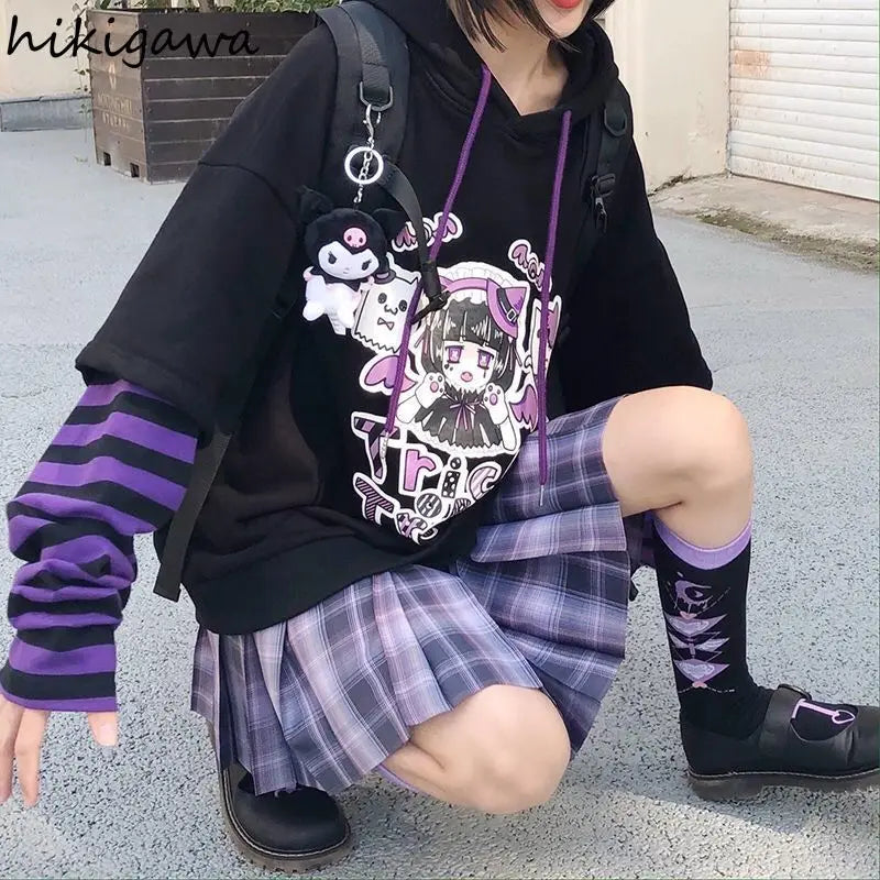 Hikigawa Hoodie Fake Two Piece Hooded Sweatshirt Striped Patchwork Hoodies Women Clothes for Teens Y2K Anime Harajuku Black Tops