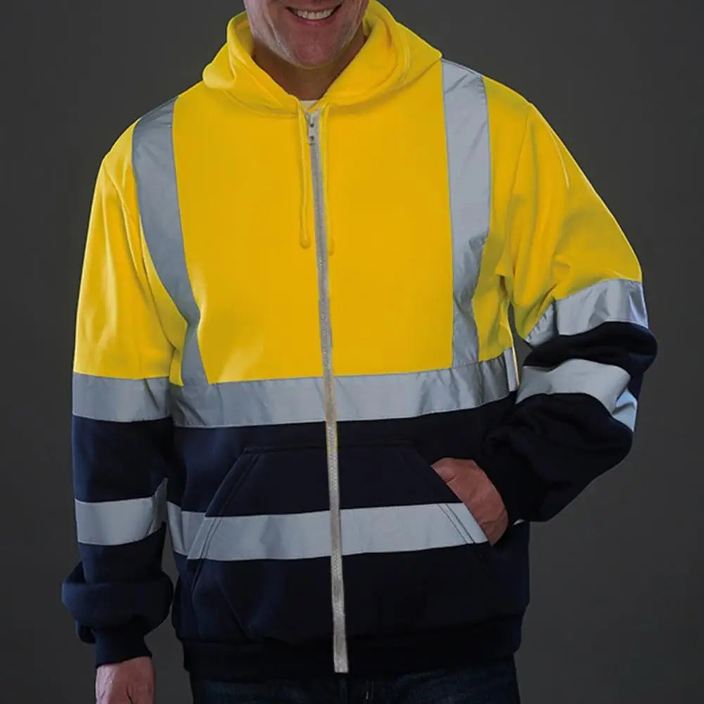 Reflective Hoodie Reflective Strip Men's Hoodie Coat with Drawstring Closure for Outdoor Work Safety Warm Cold-proof Overalls