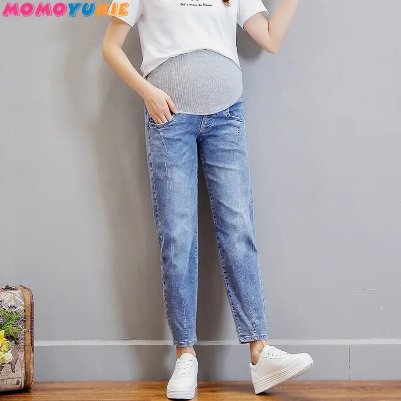 Vintgae Washed Denim Maternity Jeans for Pregnant Women Clothes Elastic Waist Belly Loose Pants Pregnancy Gravidas Clothing 2022