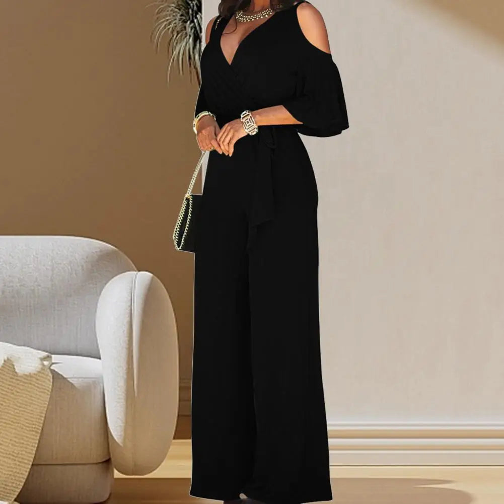 Soft  Chic Pure Color Lady Jumpsuit Lace Up Lady Jumpsuit Hollow Out   Women Clothes