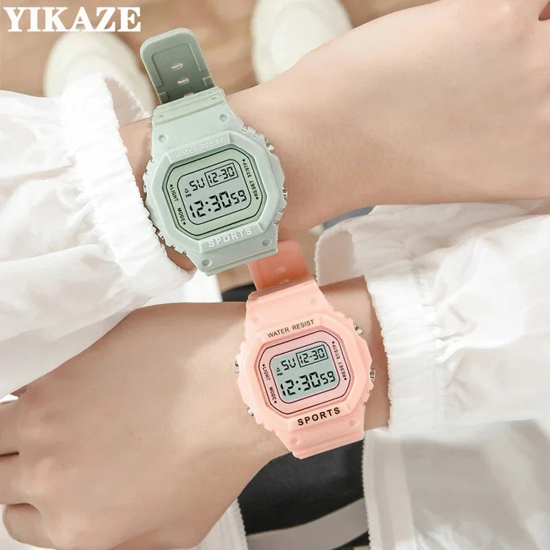 YIKAZE Boys and Girls Student Electronic Watch Macaron Color Men's and Women's Sport Alarm Clock Waterproof Square Watches Gift