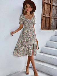 Bohemia Print Dress Women 2024 New Summer Holiday Midi Dress Casual Puff Sleeve High Waist Boho Split Dresses For Women Clothes