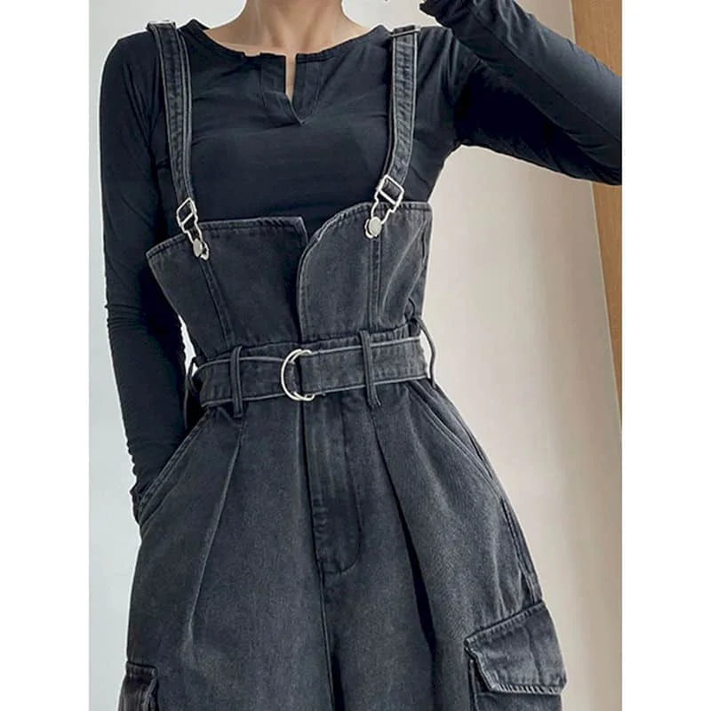 Black Denim Jumpsuits for Women Korean Style Vintage Playsuit Wide leg pants Loose Trousers Oversized Overalls for Women Clothes