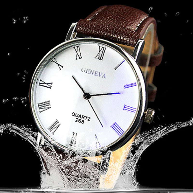 Geneva Brand Men's Popular Wrist Watches Fashion Blue Light Roman Literal Business Men's Watch Quartz Wristwatches Reloj Hombre