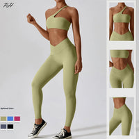 Women Sexy Sport Yoga Set Outfit Fitness Workout Clothes Diagonal Shoulder Sports Top Leggings Suit Leisure Running Sportwear