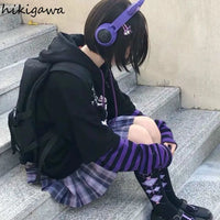 Hikigawa Hoodie Fake Two Piece Hooded Sweatshirt Striped Patchwork Hoodies Women Clothes for Teens Y2K Anime Harajuku Black Tops