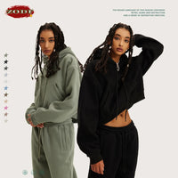 ZODF Chic Sexy Women Super-short Fleece Cropped Hoodies Girl Female Hip Hop Loose 345gsm Solid Hooded Pullover Streetwear HY0340