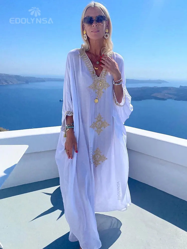 2024 Elegant Gold Embroidered Kaftan Retro V-neck White Dress Plus Size Women Clothes Summer Beach Wear Vacation Dresses Q1373