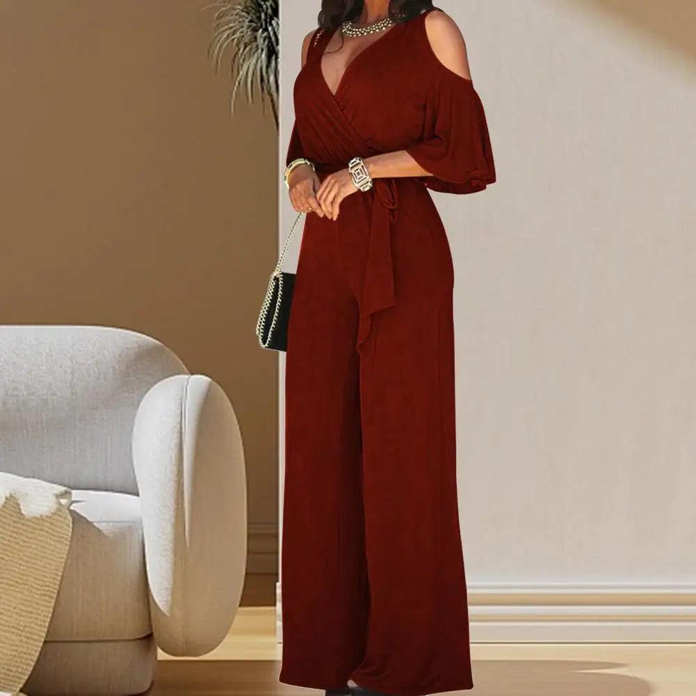 Soft  Chic Pure Color Lady Jumpsuit Lace Up Lady Jumpsuit Hollow Out   Women Clothes