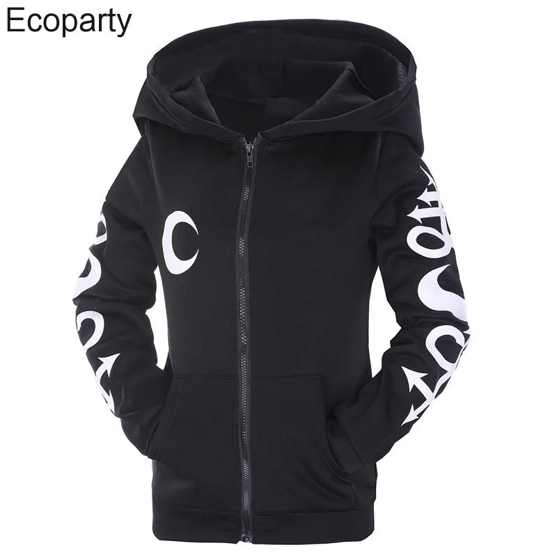 Women Black Gothic Wizard Cosplay Hoodie Sweatshirt Medieval Steampunk Sheep Head Moon Printed Zipper Hoodie Outwear For Women