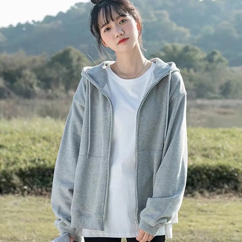 Grey Sweatshirt Hooded Casual Cotton Cardigan Sweatshirts Gray Women Clothes Solid Zipper Hoodies W/Long Sleeves