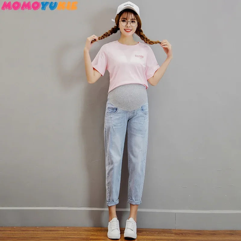 Vintgae Washed Denim Maternity Jeans for Pregnant Women Clothes Elastic Waist Belly Loose Pants Pregnancy Gravidas Clothing 2022