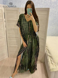 2023 Bohemian Printed V-neck Batwing Sleeve Side Split Loose Dress For Women Clothes Plus Size Beachwear Maxi Dresses Q1218