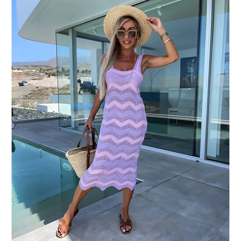 2023 Crochet Tunic Bikini Cover-ups Sexy Hollow Out Mesh Knitted Dress Summer Women Clothes See Through Beachwear Beach Cover Up