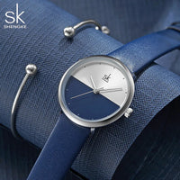 Shengke Original Design Woman Watches Fashion Blue Leather Strap Women's Quartz Wristwatches Ladies Clock New Reloj Mujer Saat