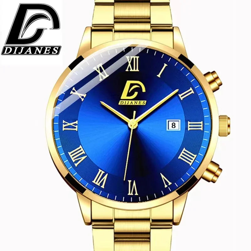 Luxury Men's Military Quartz Watch Men's Stainless Steel Gold Black Calendar Date Watch Male Clock Relogio