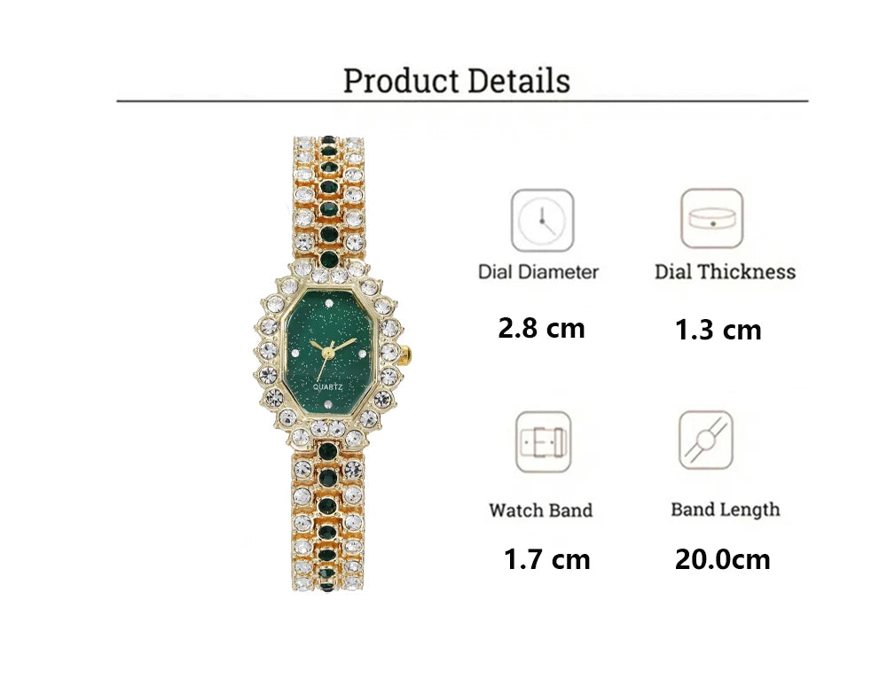 Luxury Women's Watch Metal Strap Fashion Distinguished Green Square Rhinestone Set Full Diamond Strap Quartz Watch for Women