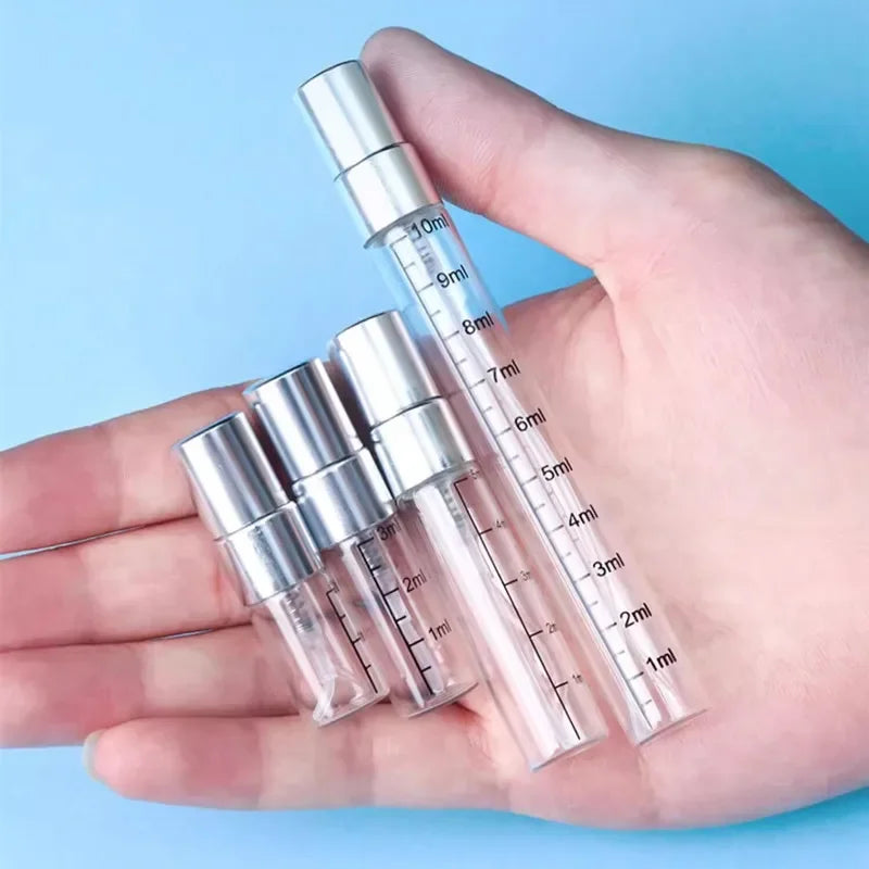 100pcs 2ml 3ml 5ml 10ml Scale Glass Perfume Spray Bottle Empty Clear Cosmetic Bottles Atomizer Refillable Sample Glass Vials