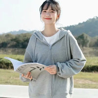 Grey Sweatshirt Hooded Casual Cotton Cardigan Sweatshirts Gray Women Clothes Solid Zipper Hoodies W/Long Sleeves