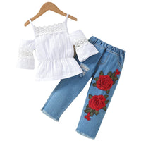 2 Piece Set Summer Kids Clothes Girl Toddler Boutique Outfits Fashion White Baby Tops+Flower Hole Jeans Children Clothing BC1731