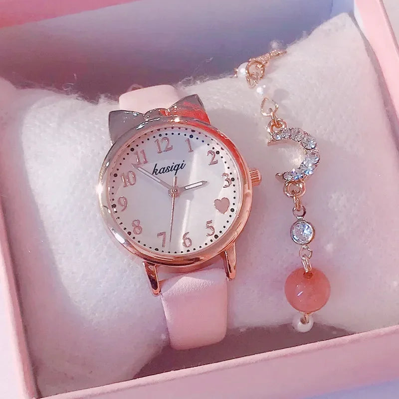 2023 Ins Fashion Women's Watch Cute Heart Female Student Quartz Watches Leather Strap Star Moon Bracelet+Watch Set Gift Relojes