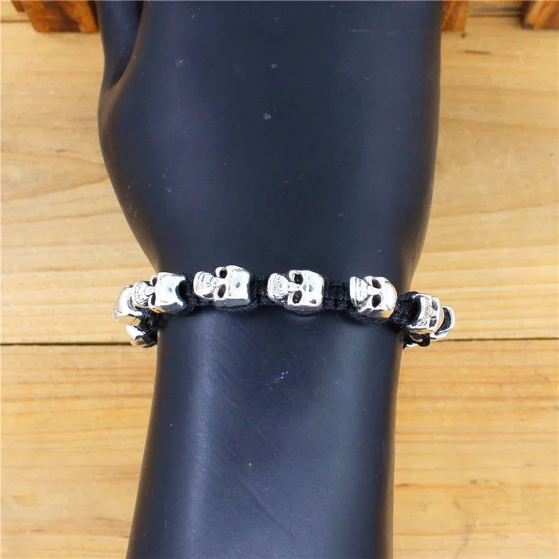 Smile Skull Skeleton Bead Bracelets Strand Vintage Boho Antique Silver Plated Handmade Rope Woven Fashion Jewelry