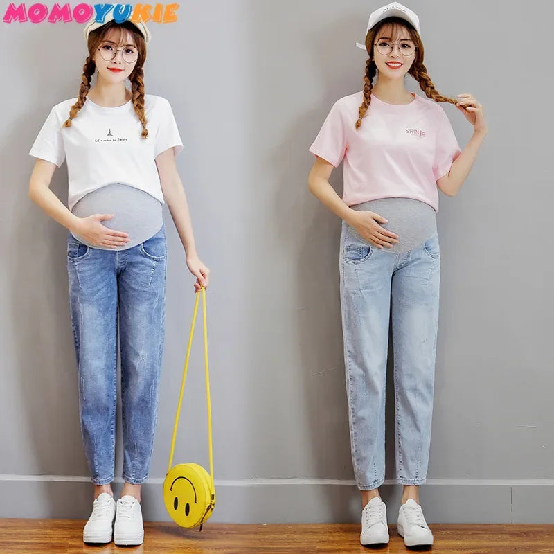 Vintgae Washed Denim Maternity Jeans for Pregnant Women Clothes Elastic Waist Belly Loose Pants Pregnancy Gravidas Clothing 2022