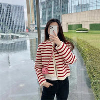 2 Colors Striped Knitted Sweater Black Cardigan Women Korean Fashion Long Sleeve Top Casual Cardigans Women Clothes Crop Sweater