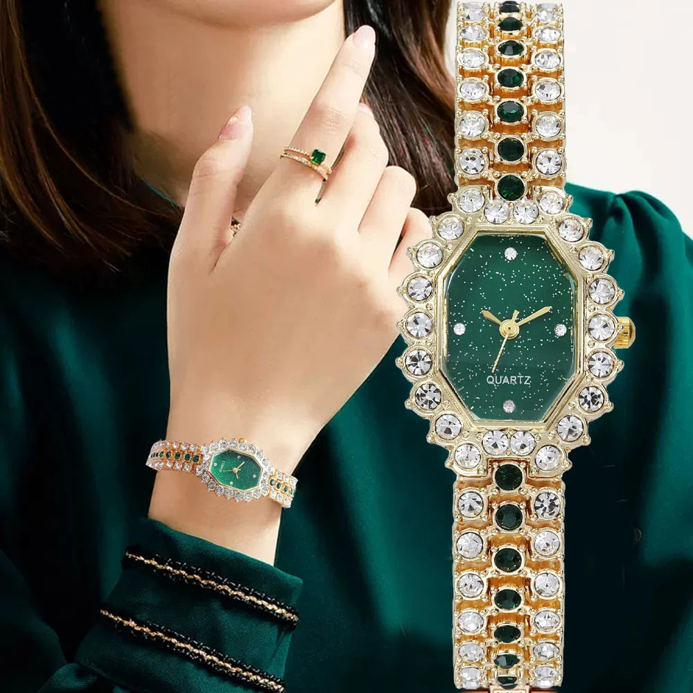 Luxury Women's Watch Metal Strap Fashion Distinguished Green Square Rhinestone Set Full Diamond Strap Quartz Watch for Women