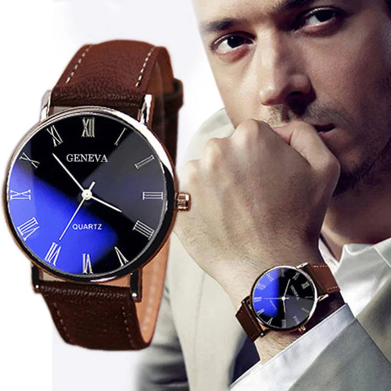 Geneva Brand Men's Popular Wrist Watches Fashion Blue Light Roman Literal Business Men's Watch Quartz Wristwatches Reloj Hombre