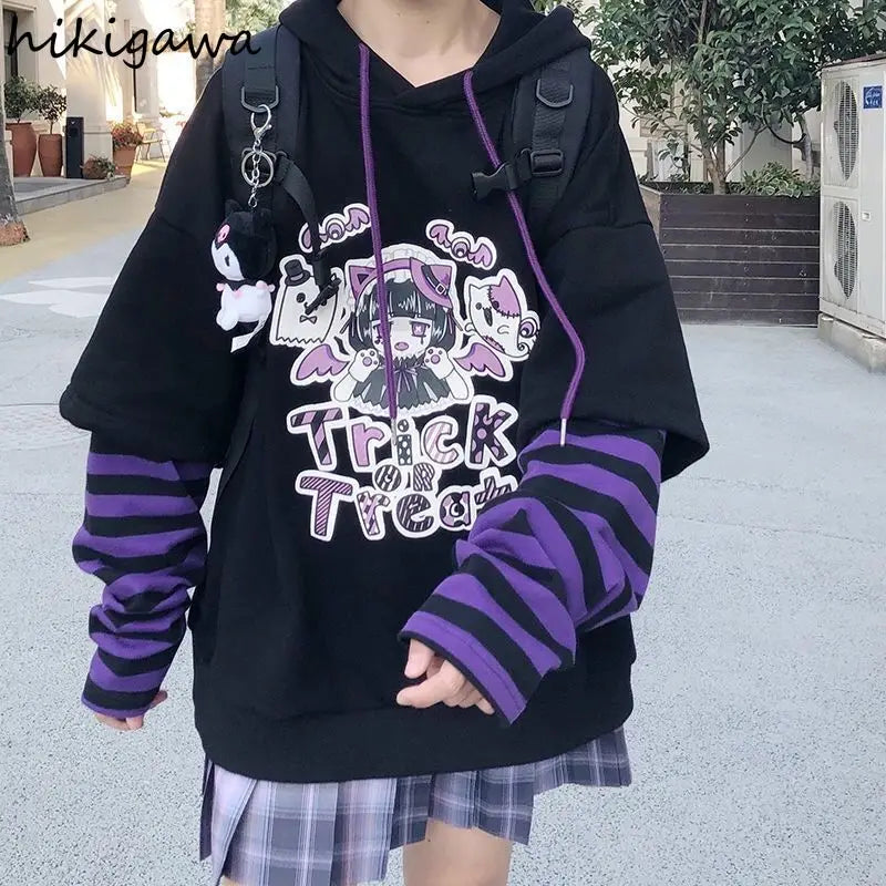 Hikigawa Hoodie Fake Two Piece Hooded Sweatshirt Striped Patchwork Hoodies Women Clothes for Teens Y2K Anime Harajuku Black Tops