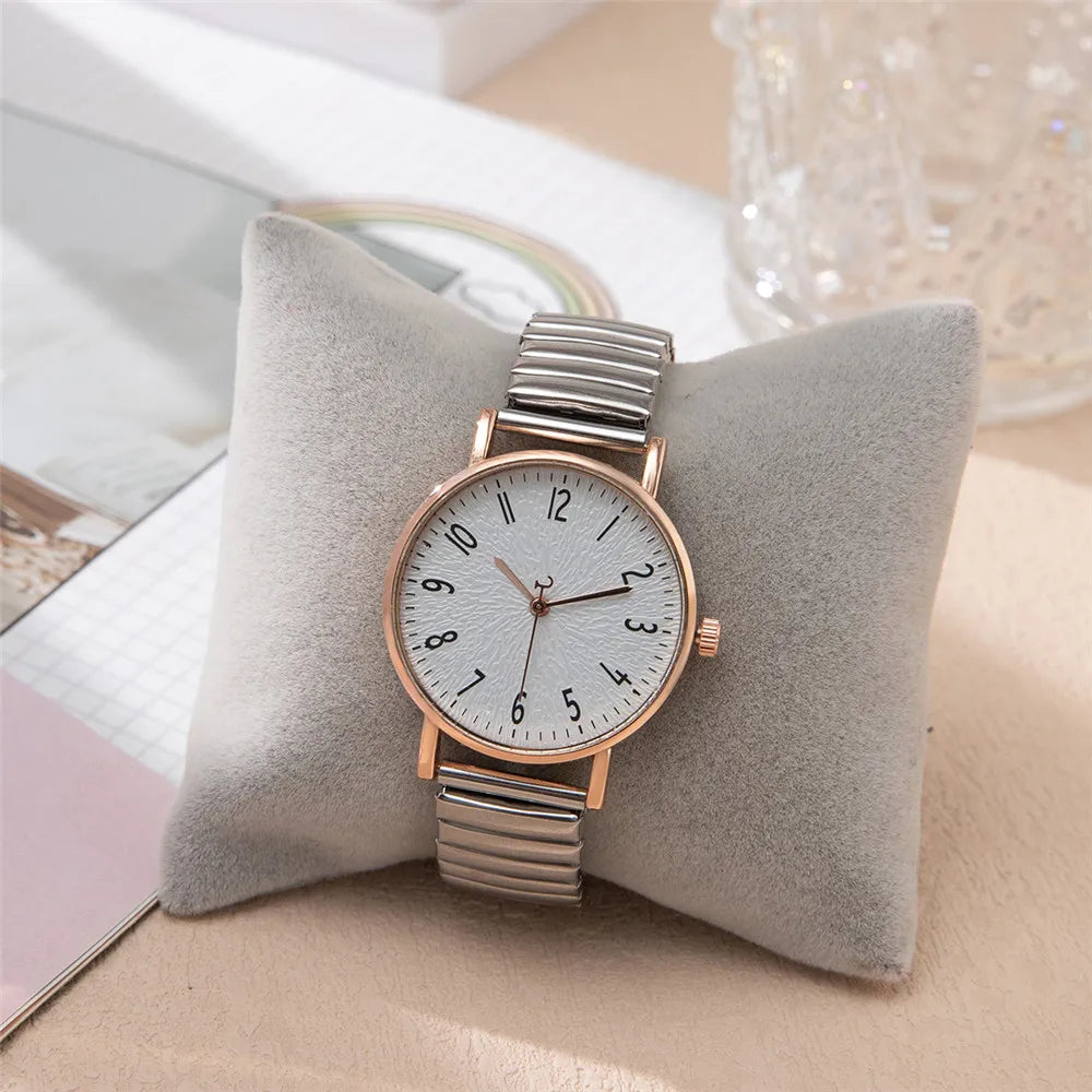 Women's Fashion Simple Digital Design Quartz Watch Casual Stainless Steel Stretch Buckleless Strap Ladies Clock Dress Watches